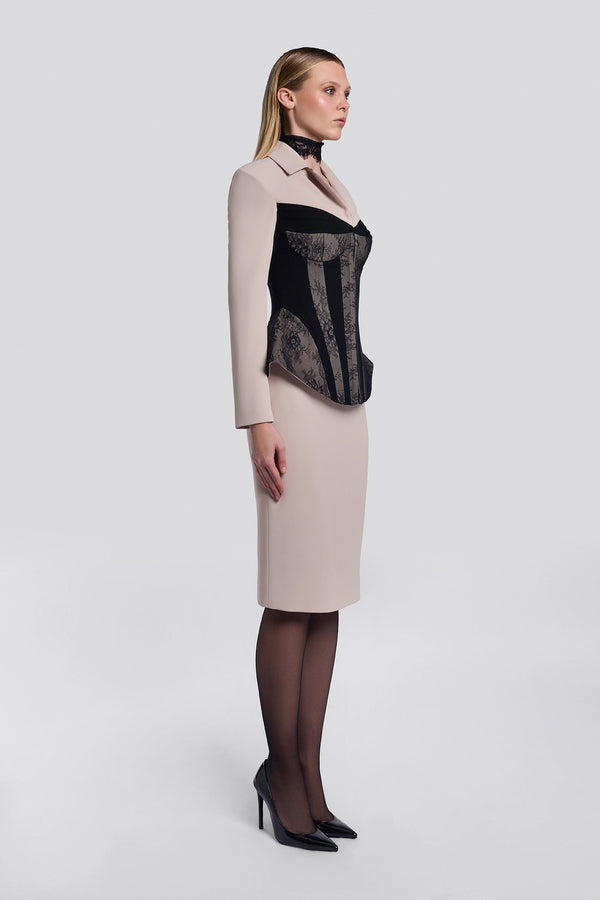 Black Lace Corset Crepe Skirt Set