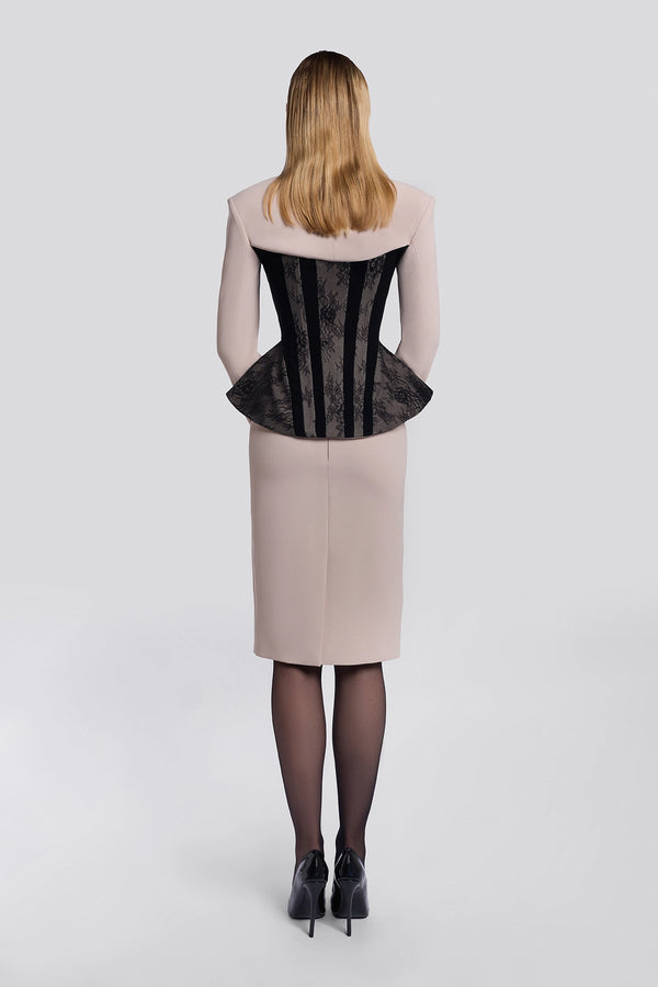 Black Lace Corset Crepe Skirt Set