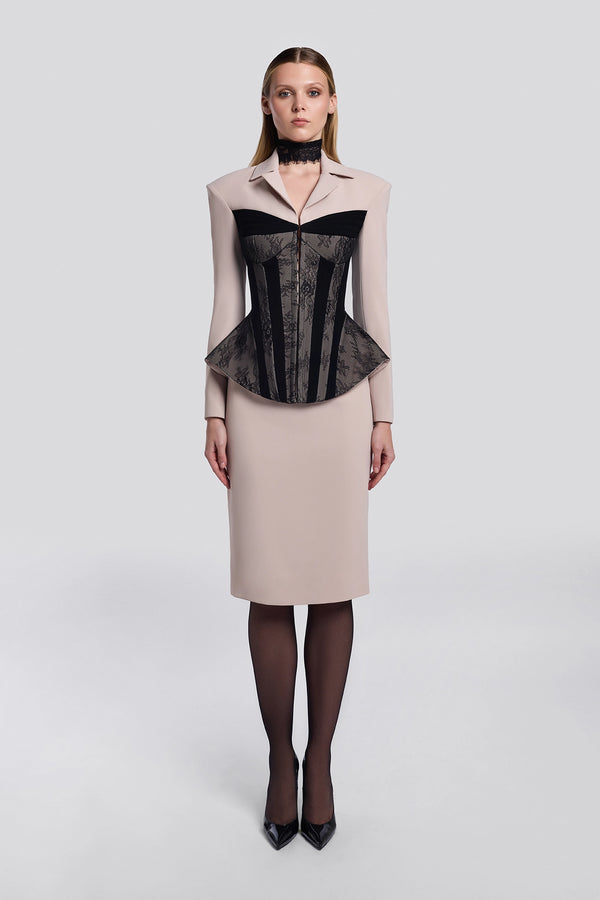 Black Lace Corset Crepe Skirt Set