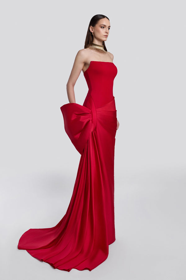 Red Strapless Evening Gown