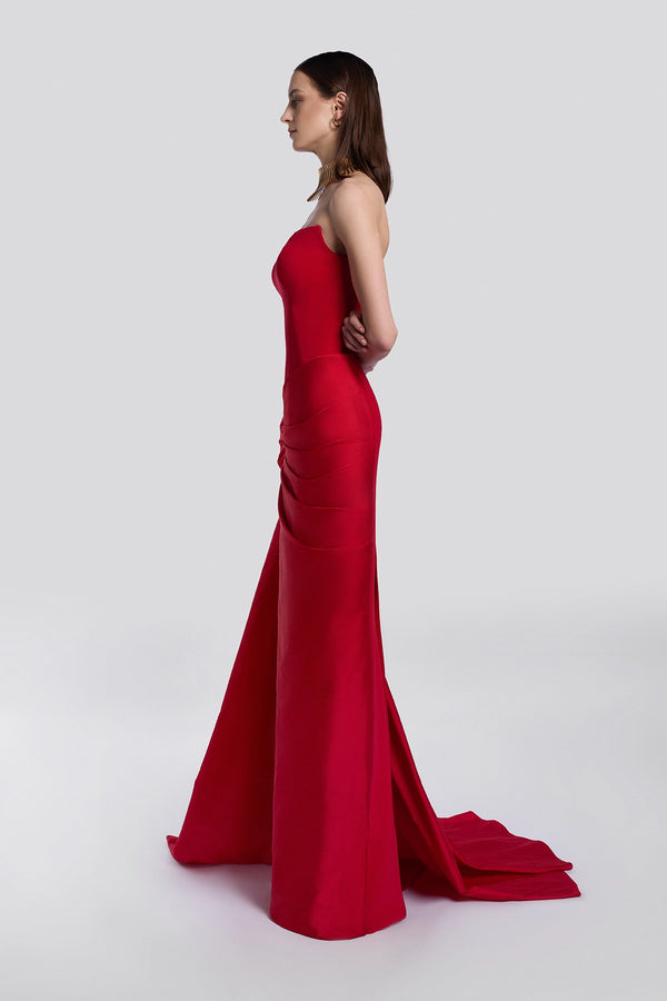 Red Strapless Evening Gown