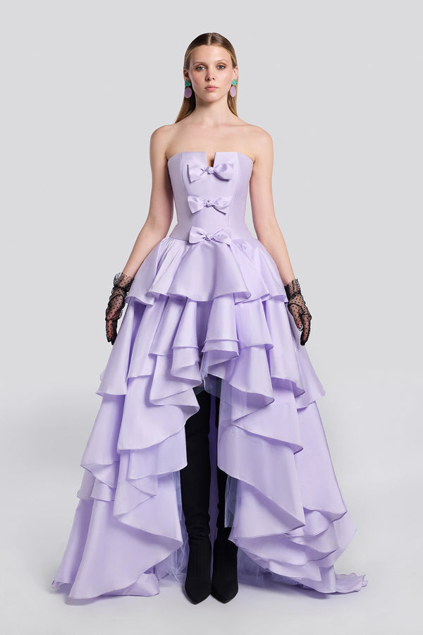 Lilac Ruffled High-Low Evening Gown