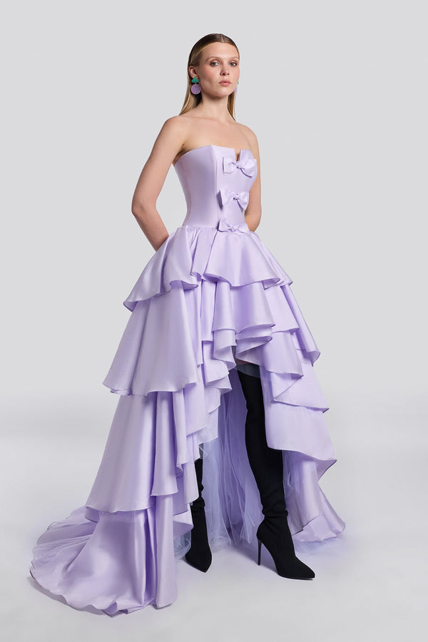 Lilac Ruffled High-Low Evening Gown