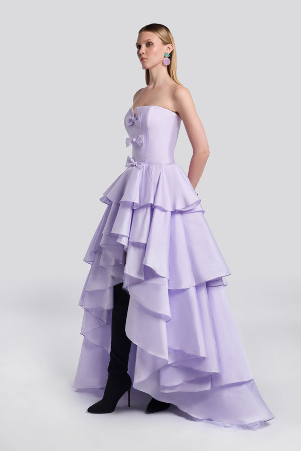 Lilac Ruffled High-Low Evening Gown