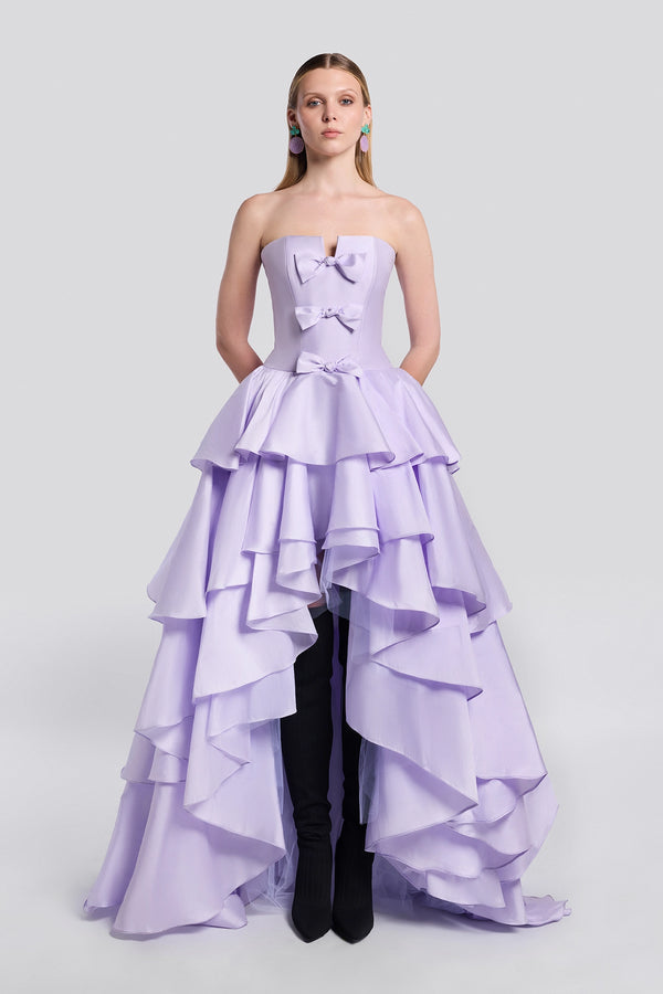 Lilac Ruffled High-Low Evening Gown