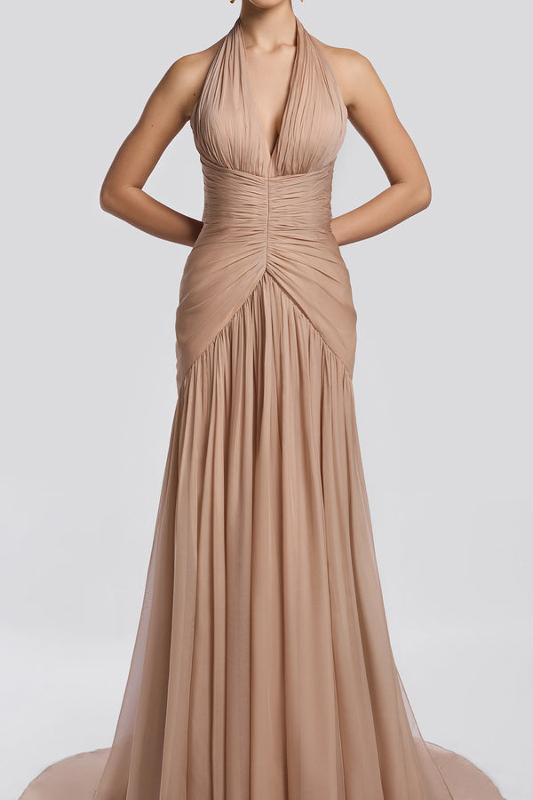 Warm Beige Draped Halter Gown