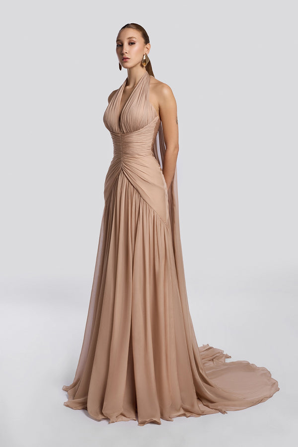 Warm Beige Draped Halter Gown