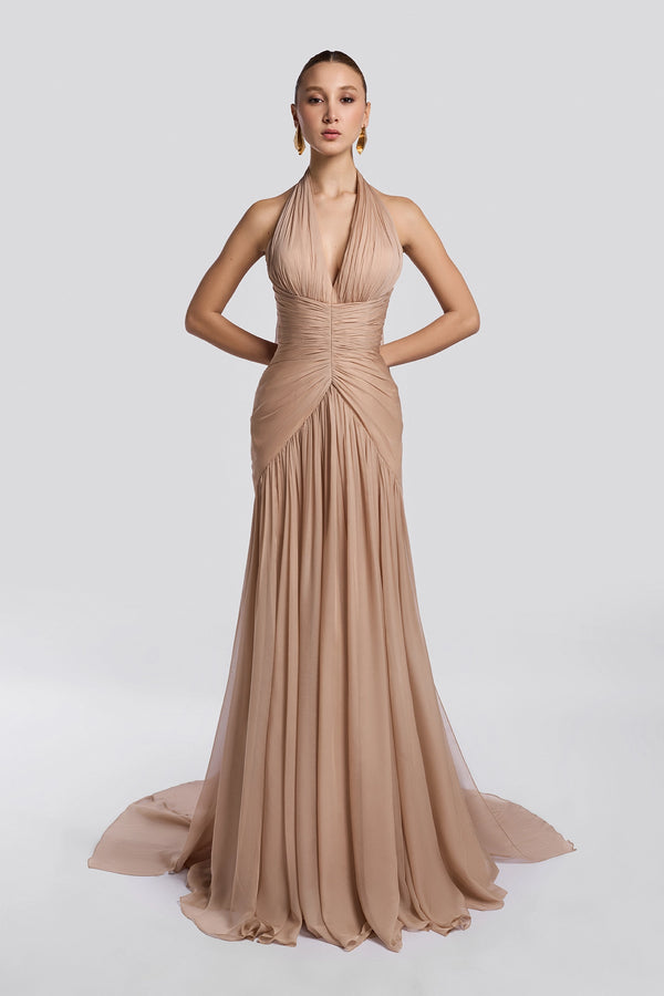 Warm Beige Draped Halter Gown