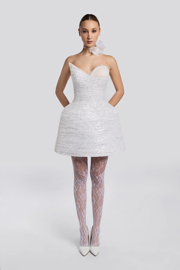 White Sequin Corset Mini Dress