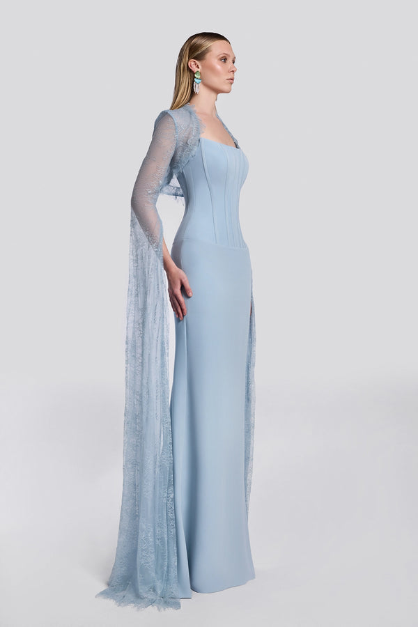 Blue Crepe Gown with Lace Bolero