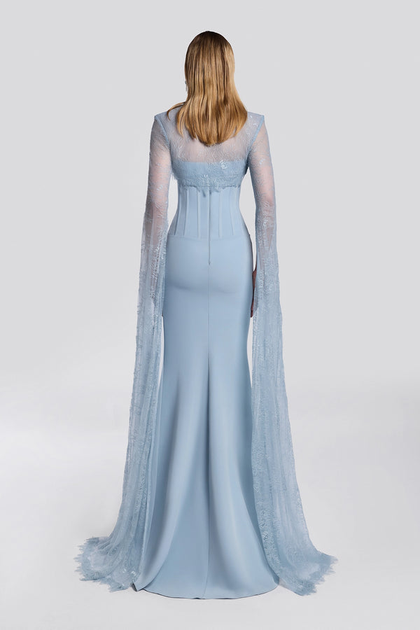 Blue Crepe Gown with Lace Bolero