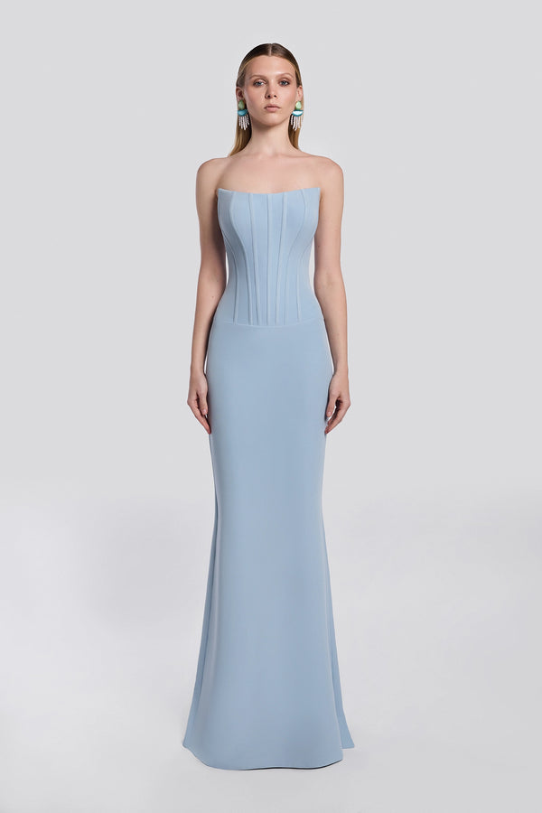 Blue Crepe Gown with Lace Bolero