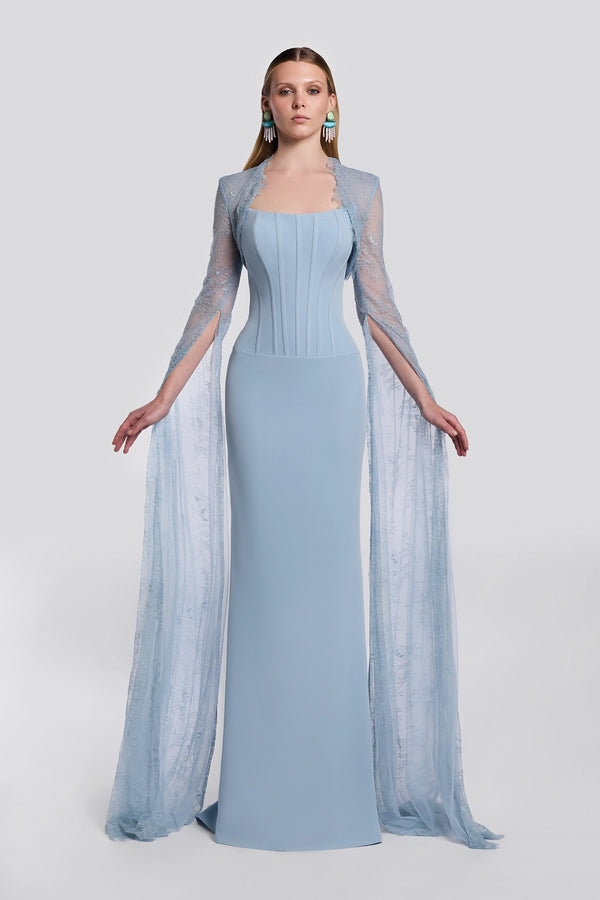 Blue Crepe Gown with Lace Bolero