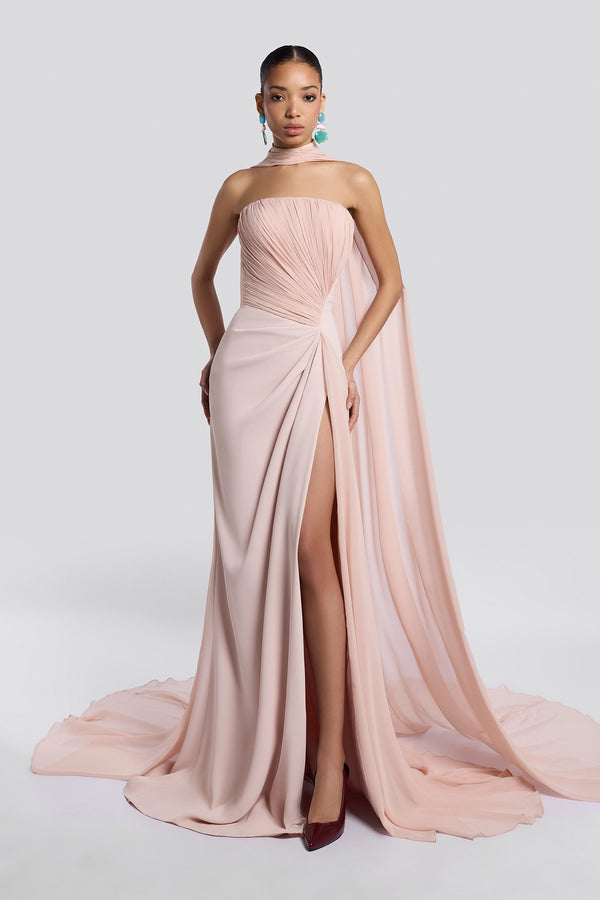 Blush Draped Gown with Shawl