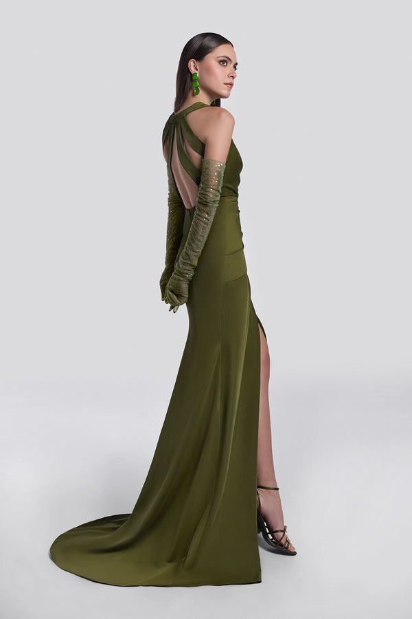 Green Draped High-Slit Gown