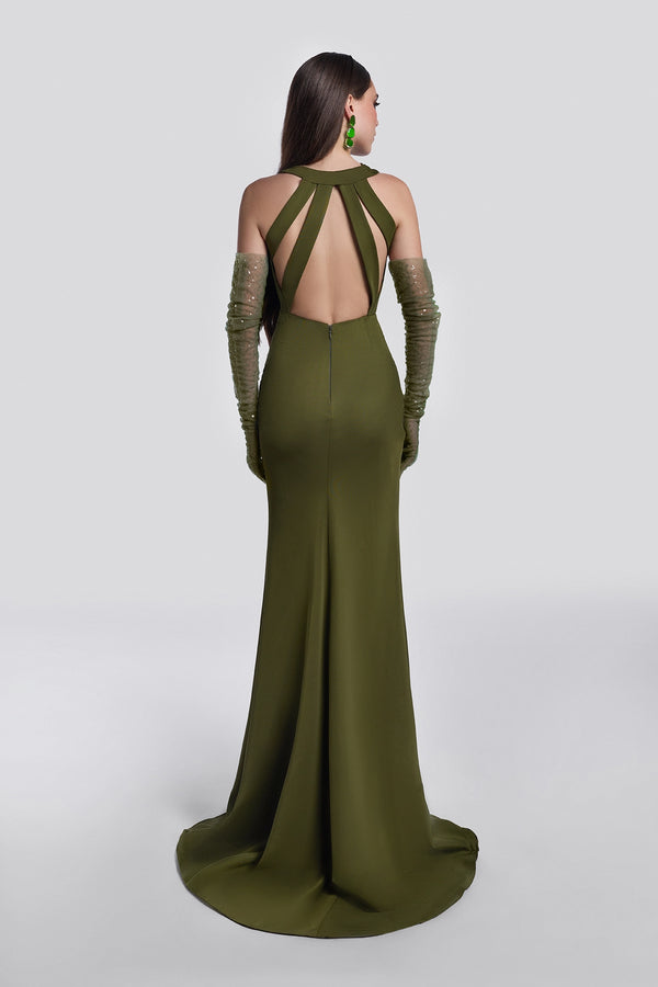 Green Draped High-Slit Gown