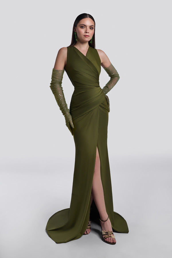 Green Draped High-Slit Gown