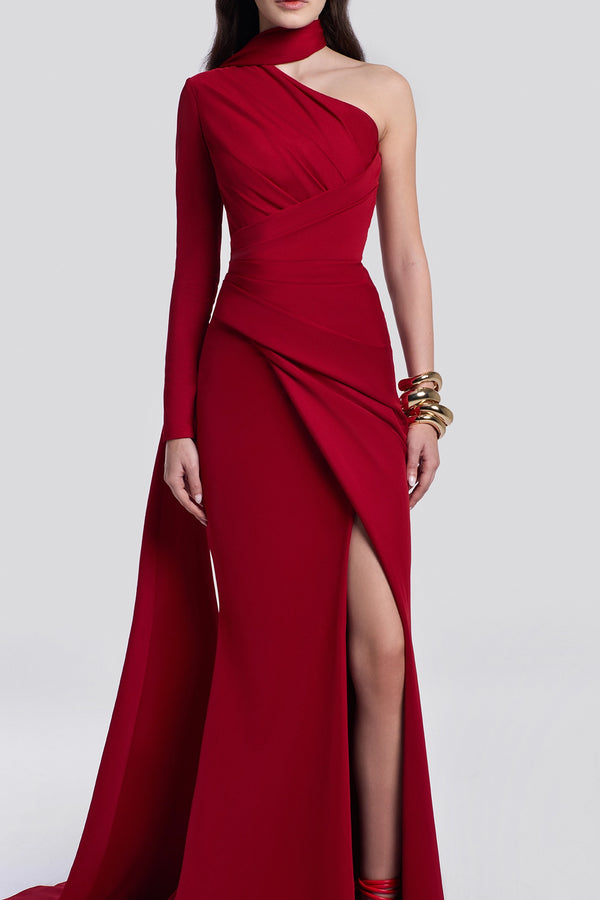 One-Shoulder Draped Red Gown