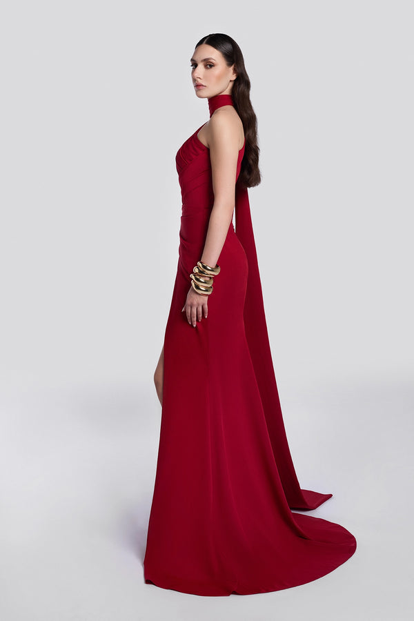 One-Shoulder Draped Red Gown