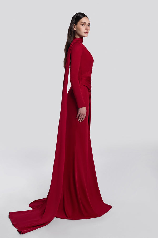 One-Shoulder Draped Red Gown