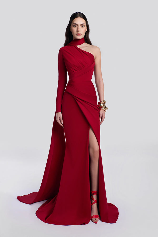 One-Shoulder Draped Red Gown