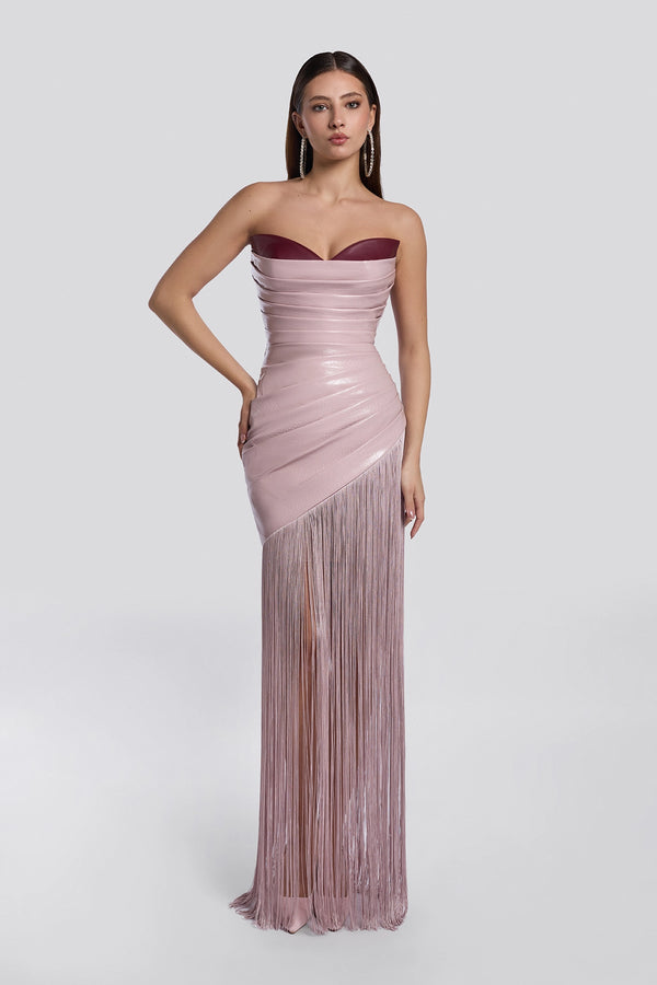 Dusty Blush Leather Strapless Fringe Gown