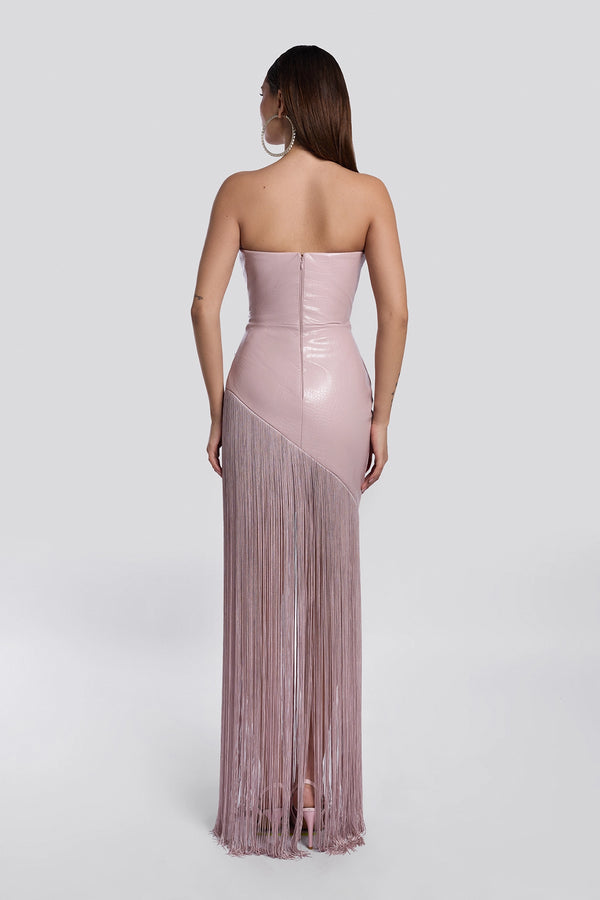 Dusty Blush Leather Strapless Fringe Gown