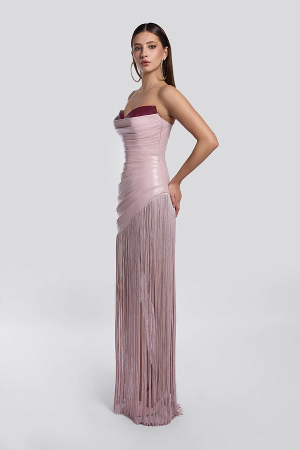 Dusty Blush Leather Strapless Fringe Gown