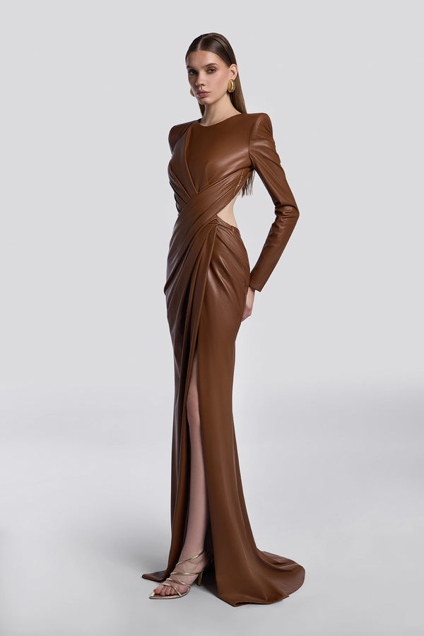 Brown Draped Leather Gown