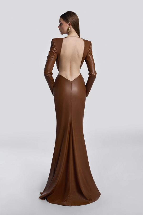 Brown Draped Leather Gown