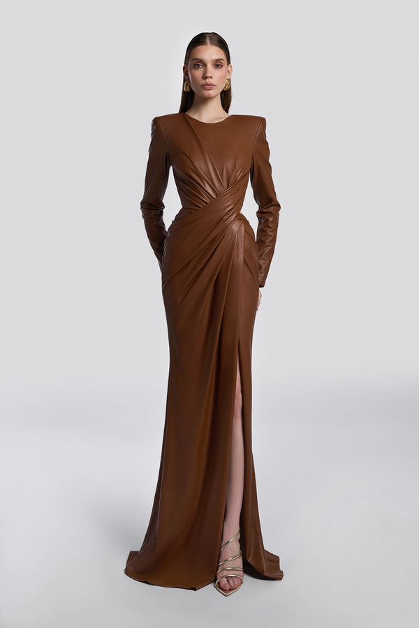 Brown Draped Leather Gown
