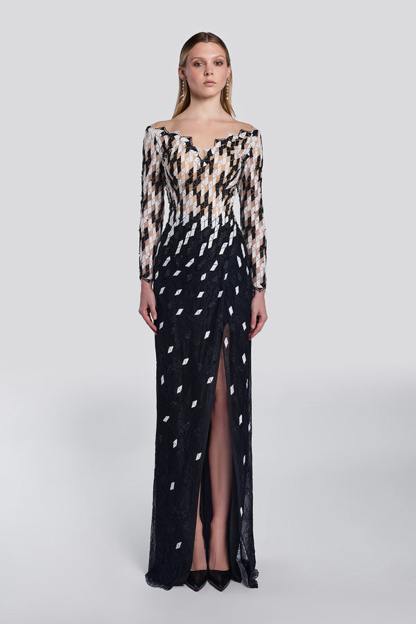 Black Off-Shoulder Sculpted Gown