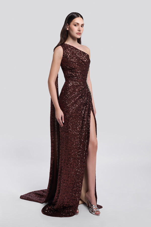 Deep Brown Paillette One-Shoulder Gown