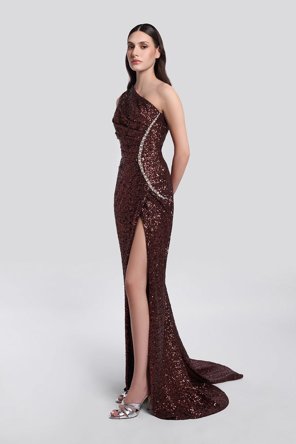 Deep Brown Paillette One-Shoulder Gown