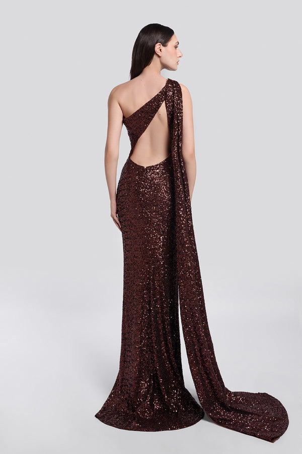 Deep Brown Paillette One-Shoulder Gown