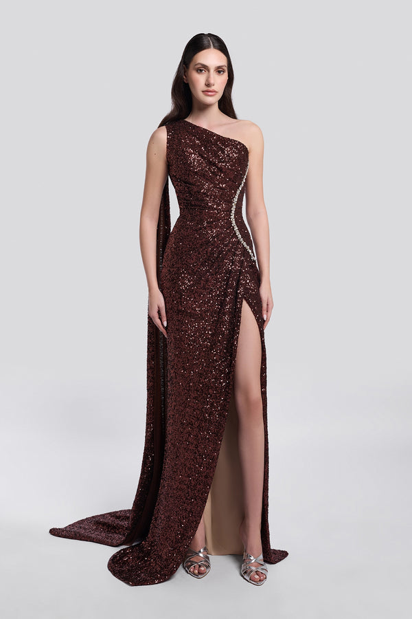 Deep Brown Paillette One-Shoulder Gown