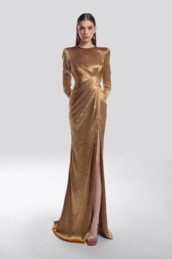 Gold Satin Draped Gown