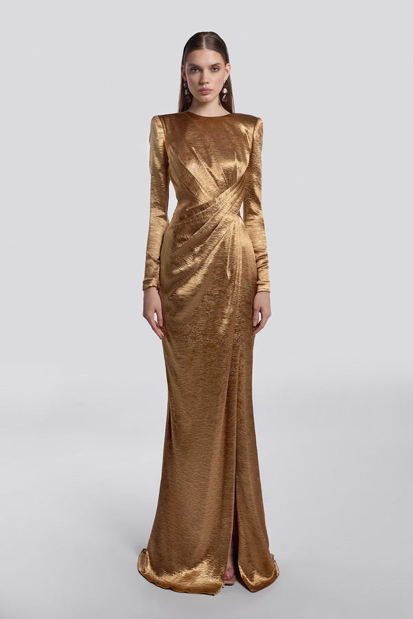 Gold Satin Draped Gown