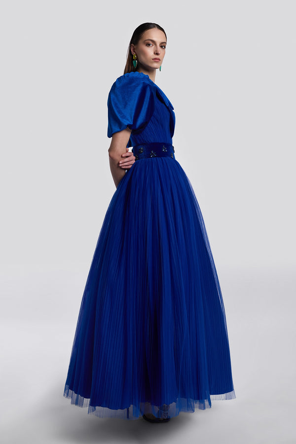 Navy Blue Velvet Tulle Evening Gown
