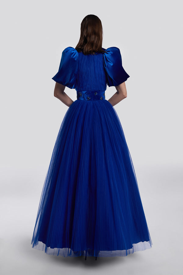 Navy Blue Velvet Tulle Evening Gown