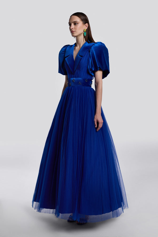 Navy Blue Velvet Tulle Evening Gown