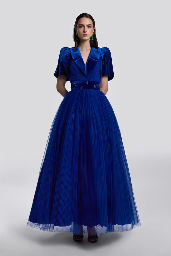 Navy Blue Velvet Tulle Evening Gown
